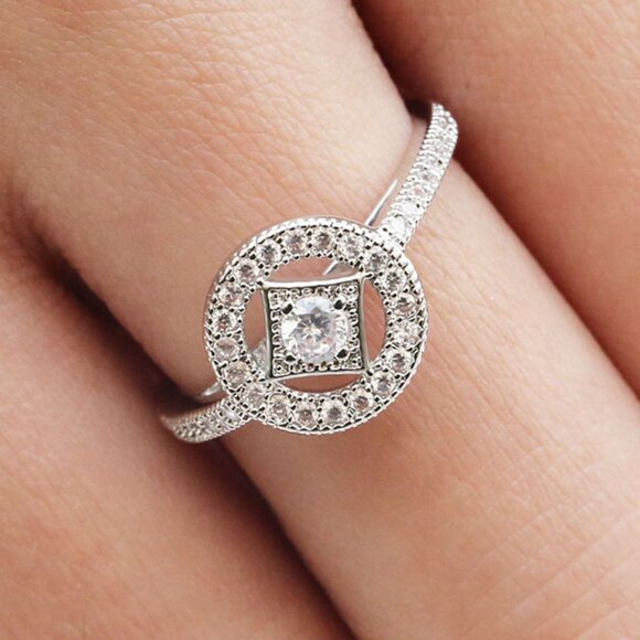 925 Silver Plated Lovely Pave Double Layer Rhombus Ring for Women, VIP088